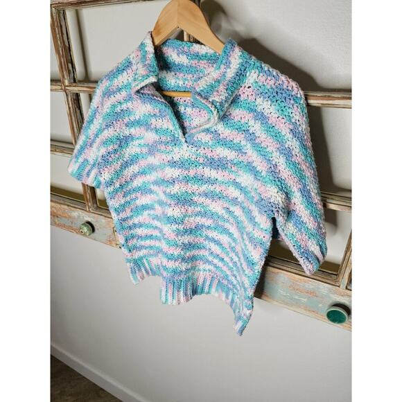 Vintage Crochet Lattice Split Collared Short Sleeve Sweater size Medium - Picture 3 of 8